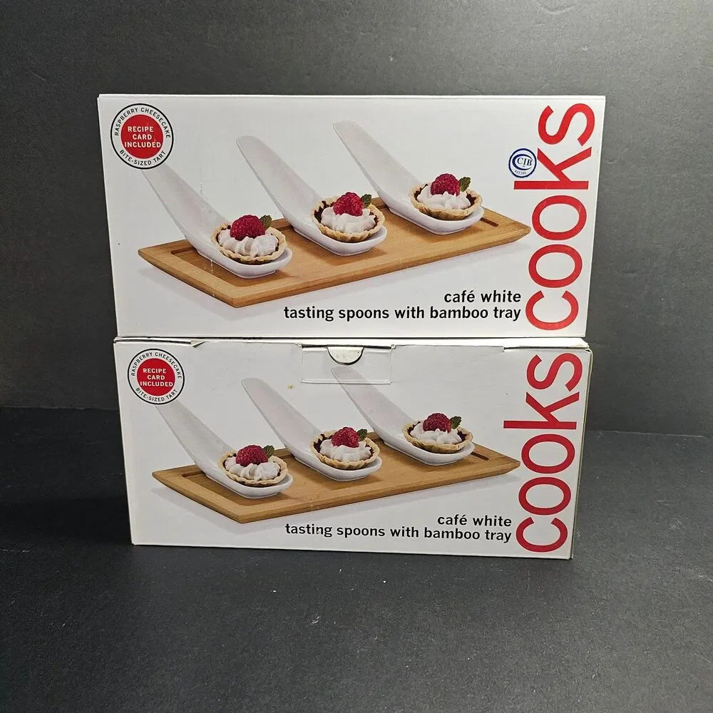 NIB Cooks Brand Set Tasting Spoons w Bamboo Tray - 2 Sets, 6 Tasting Spoons
